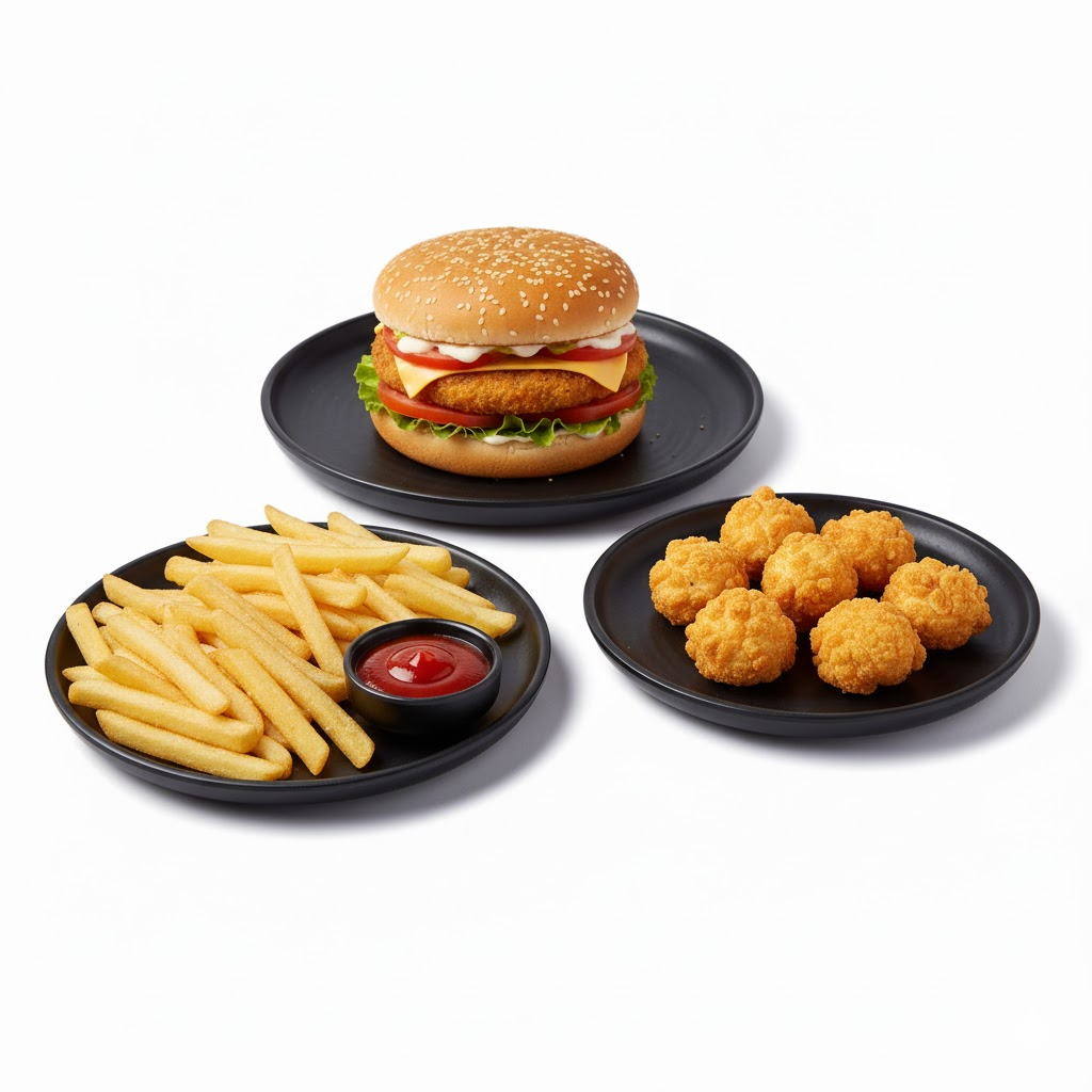 Veg Burger + Fries + Popcorn (4 Pcs)