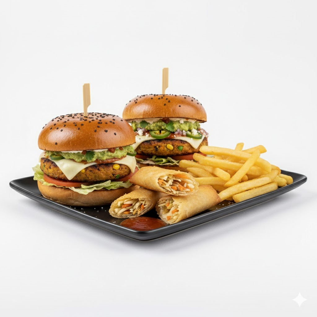 2 Mexican Burger + Fries + Spring Roll (3 Pcs)