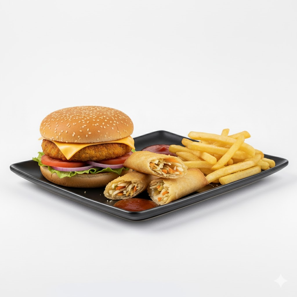 Veg Burger + Fries + Spring Roll (3 Pcs)